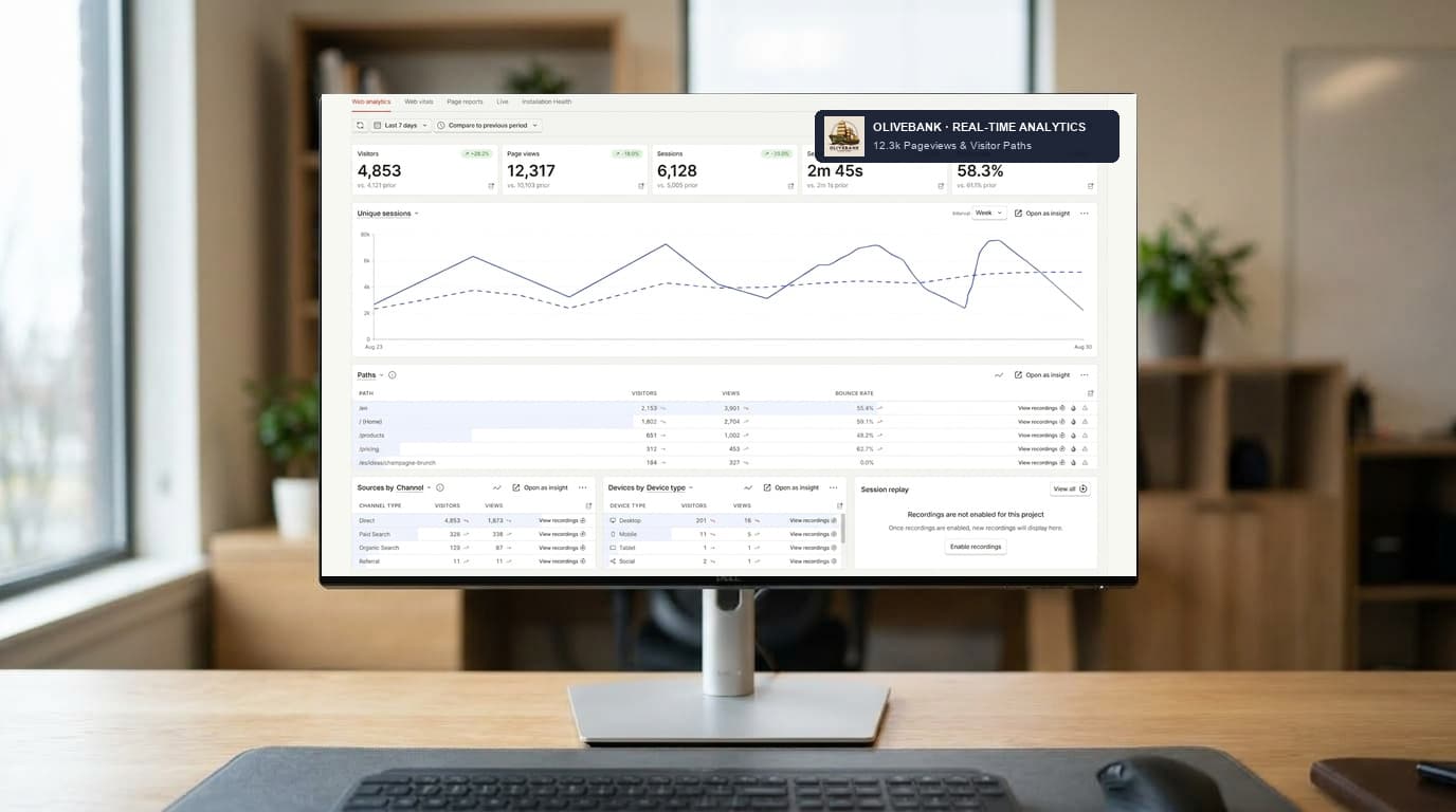 A web analytics dashboard with visitors, sessions and visitor paths