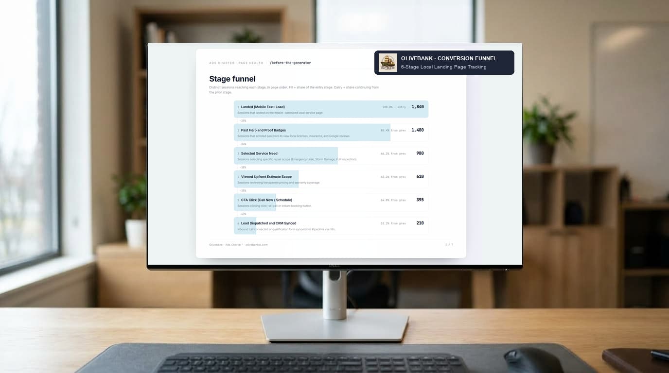 A landing page conversion funnel broken into six stages
